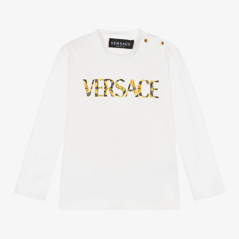Versace - توب قطن لون أبيض وذهبي بطبعة باروك | Childrensalon