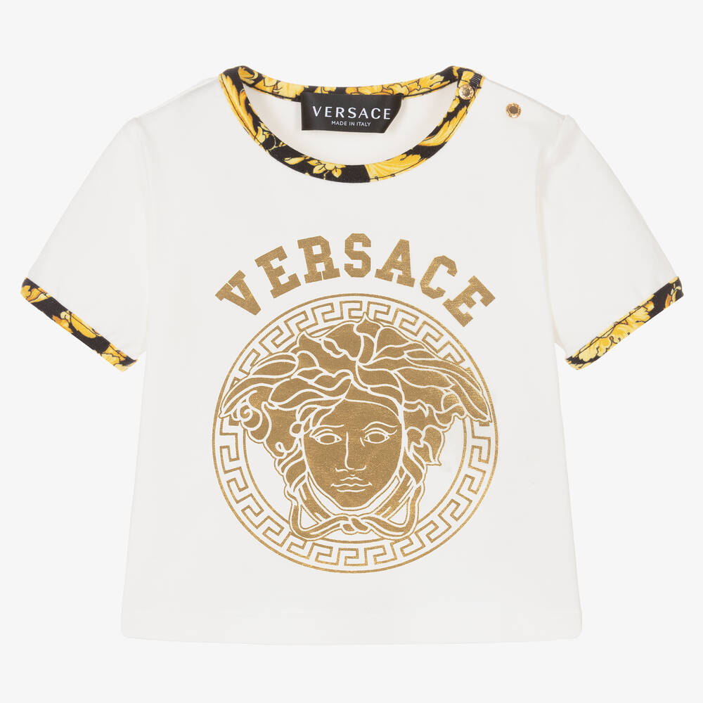 Versace - تيشيرت قطن جيرسي لون أبيض وذهبي | Childrensalon