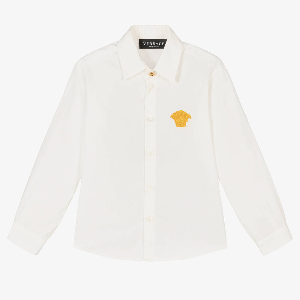 Versace - قميص قطن بوبلين مطرز لون أبيض وذهبي | Childrensalon