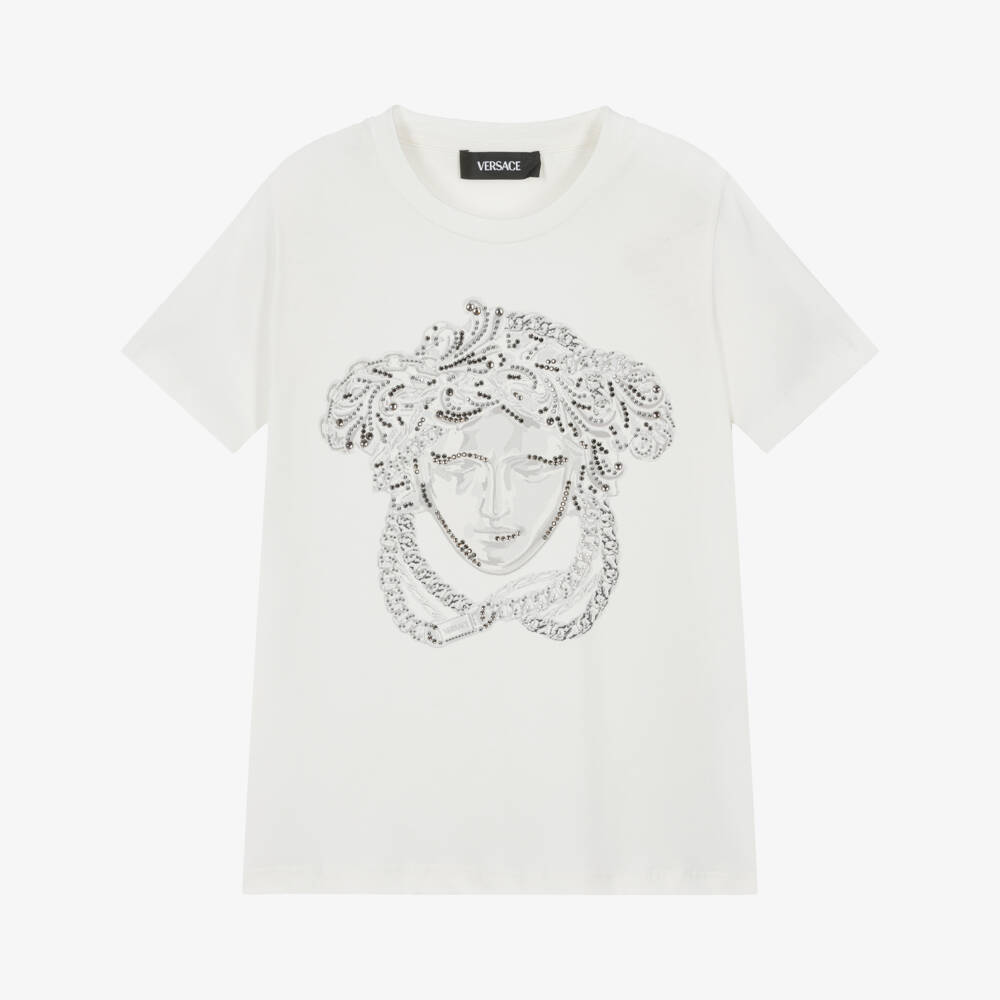 Versace-White Medusa Cotton T-Shirt with Studs & Diamantés | Childrensalon Outlet