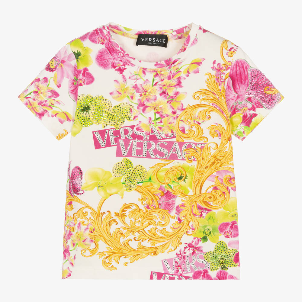 Versace - T-shirt blanc à imprimé orchidées  | Childrensalon