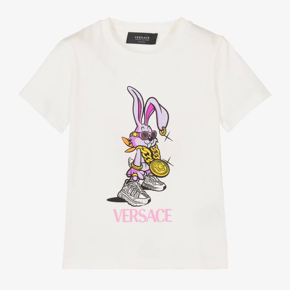 Versace - تيشيرت قطن لون أبيض وزهري للبنات | Childrensalon