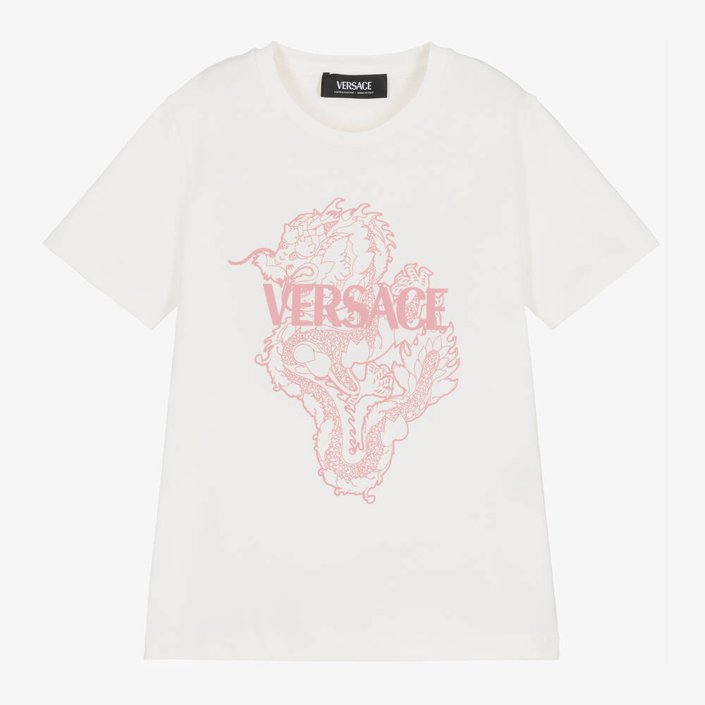 Versace-Бело-розовая футболка Dragon из хлопка | Childrensalon Outlet