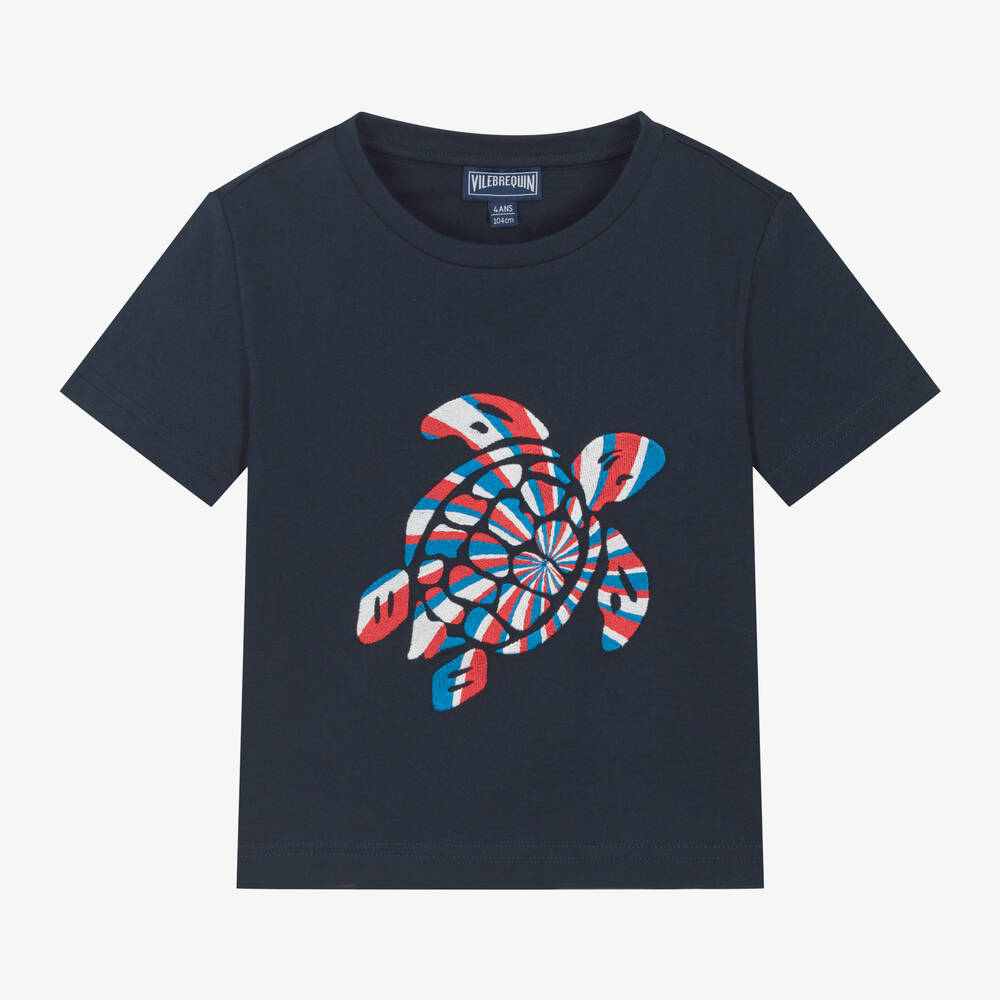 Vilebrequin-Boys Blue Organic Cotton Turtle T-Shirt | Childrensalon Outlet