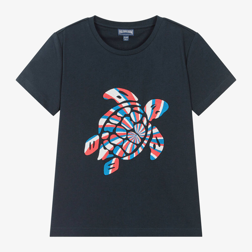 Vilebrequin-Teen Boys Blue Organic Cotton Turtle T-Shirt | Childrensalon Outlet