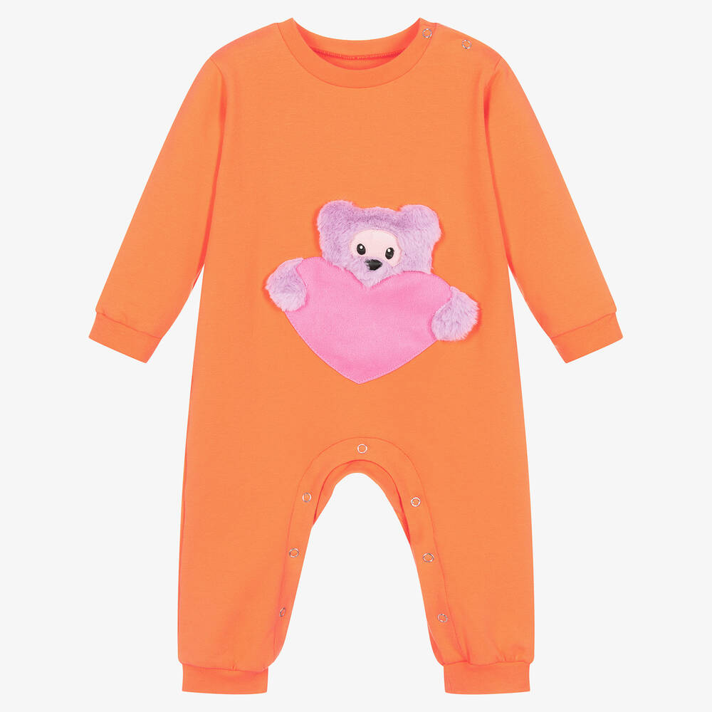 Wauw Capow - Baby Girls Orange Heart Bear Romper | Childrensalon