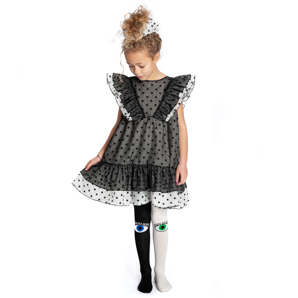 Wauw Capow-فستان شيفون منقط لون أسود وأبيض | Childrensalon Outlet
