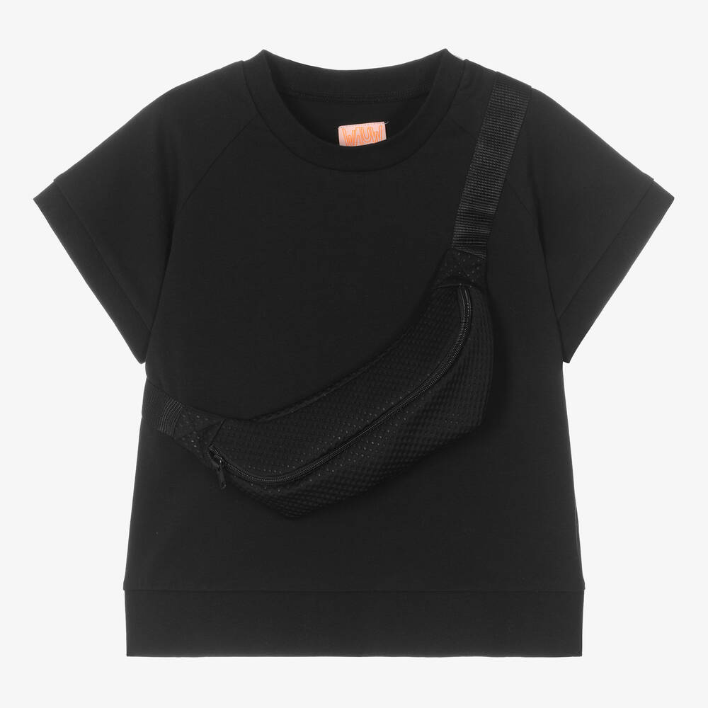 Wauw Capow - Boys Black Cross-Body Bag T-Shirt | Childrensalon