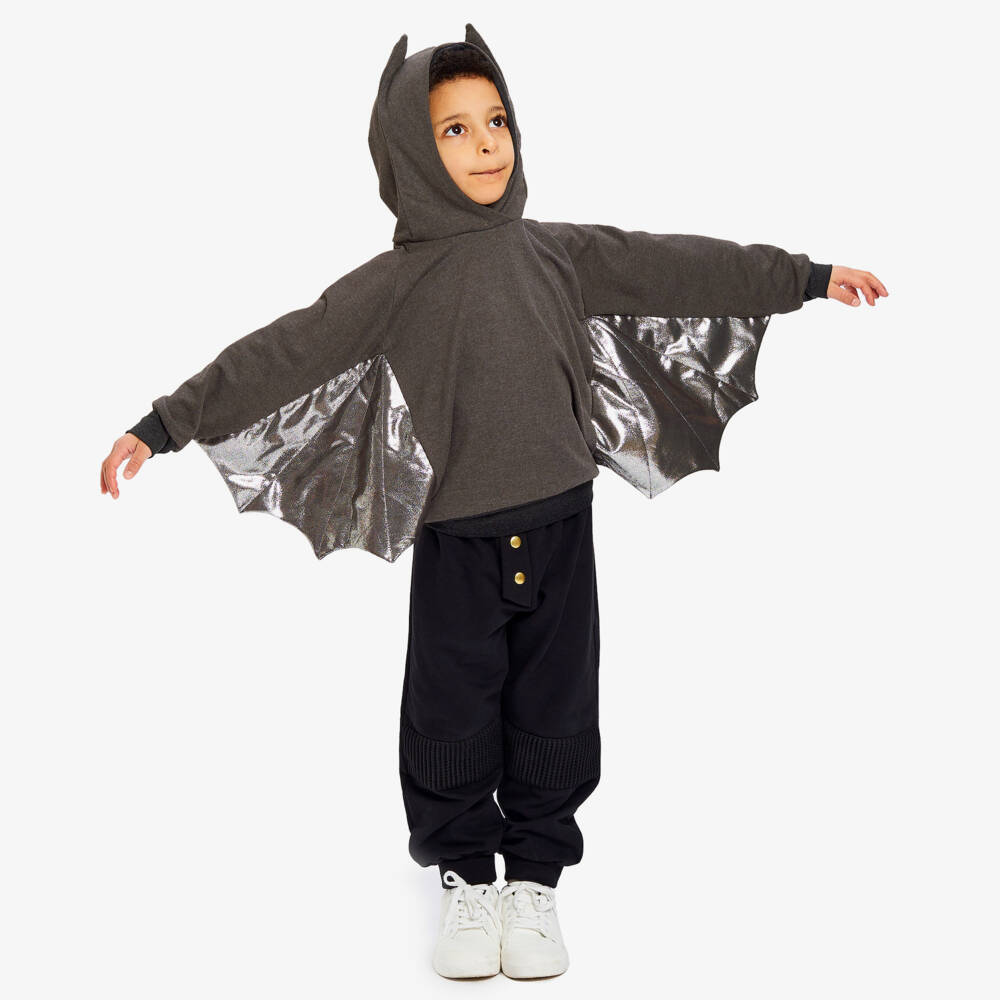 Wauw Capow-توب هودي بتصميم خفاش قطن لون رمادي وفضي | Childrensalon Outlet