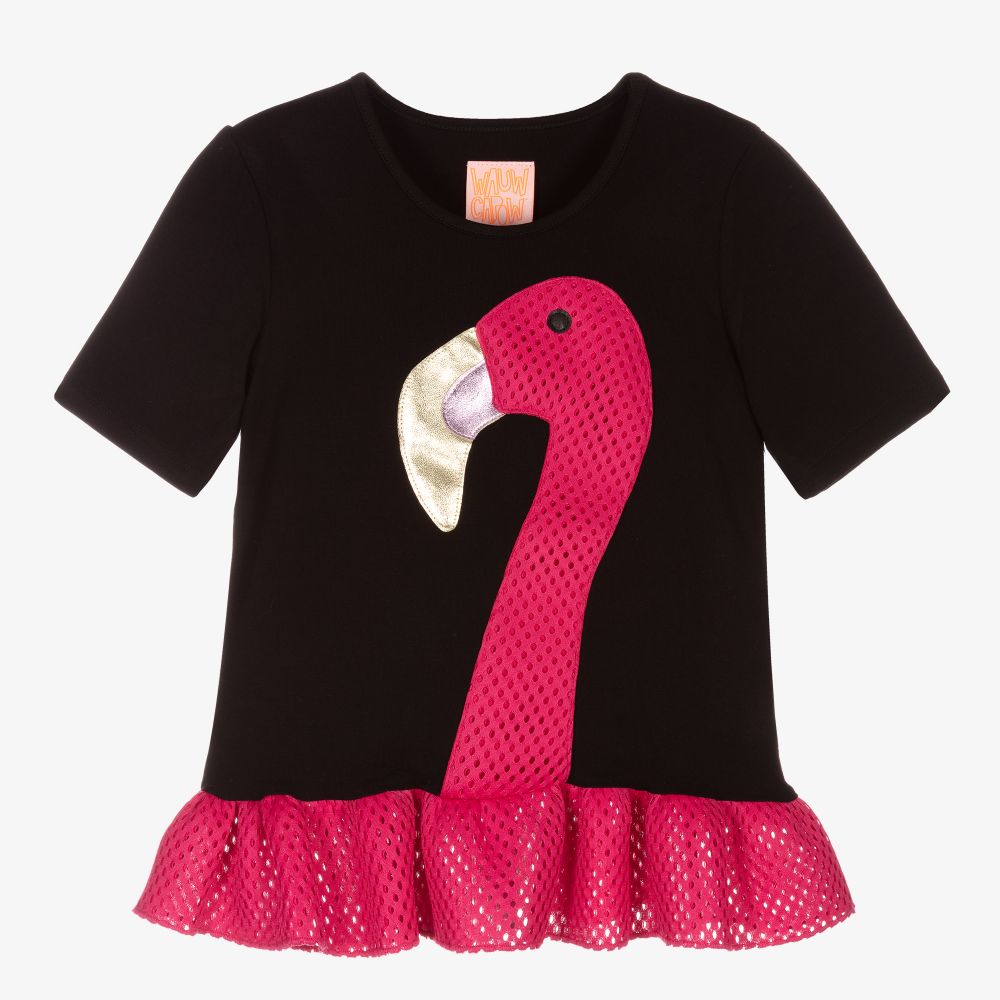 Wauw Capow - Черно-розовая футболка с фламинго | Childrensalon