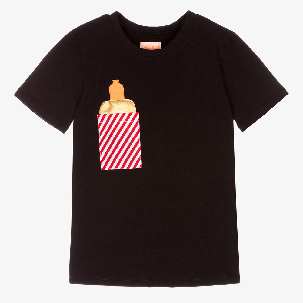 Wauw Capow - Schwarzes T-Shirt mit Tasche (J) | Childrensalon