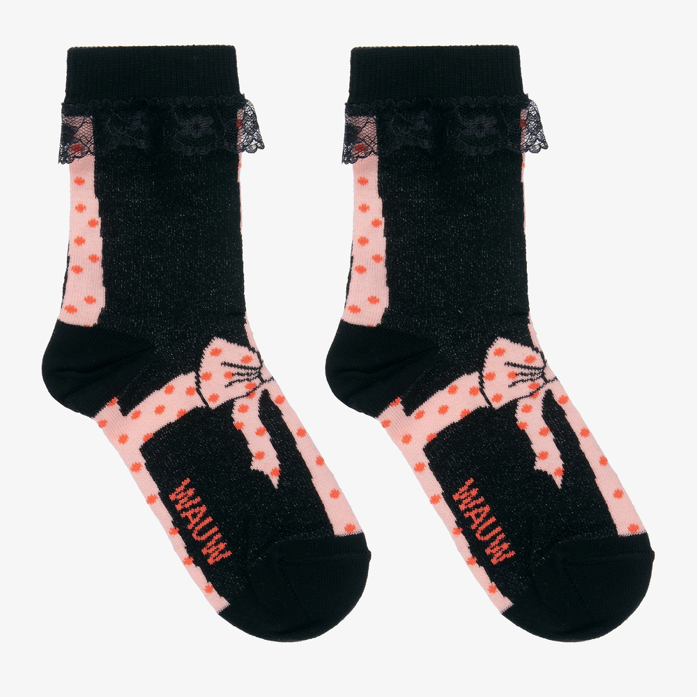 Wauw Capow - Girls Black & Pink Bow Socks | Childrensalon