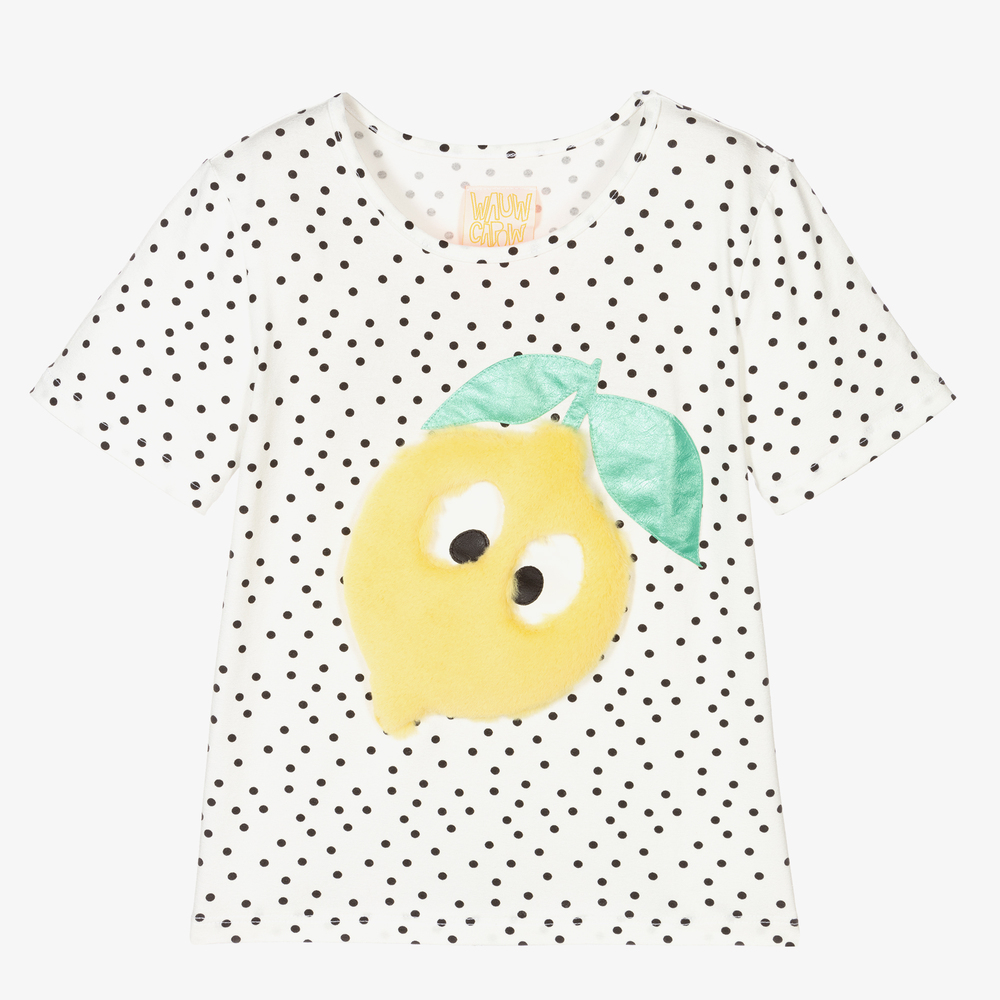 Wauw Capow - Girls White Dot Lemon T-Shirt | Childrensalon