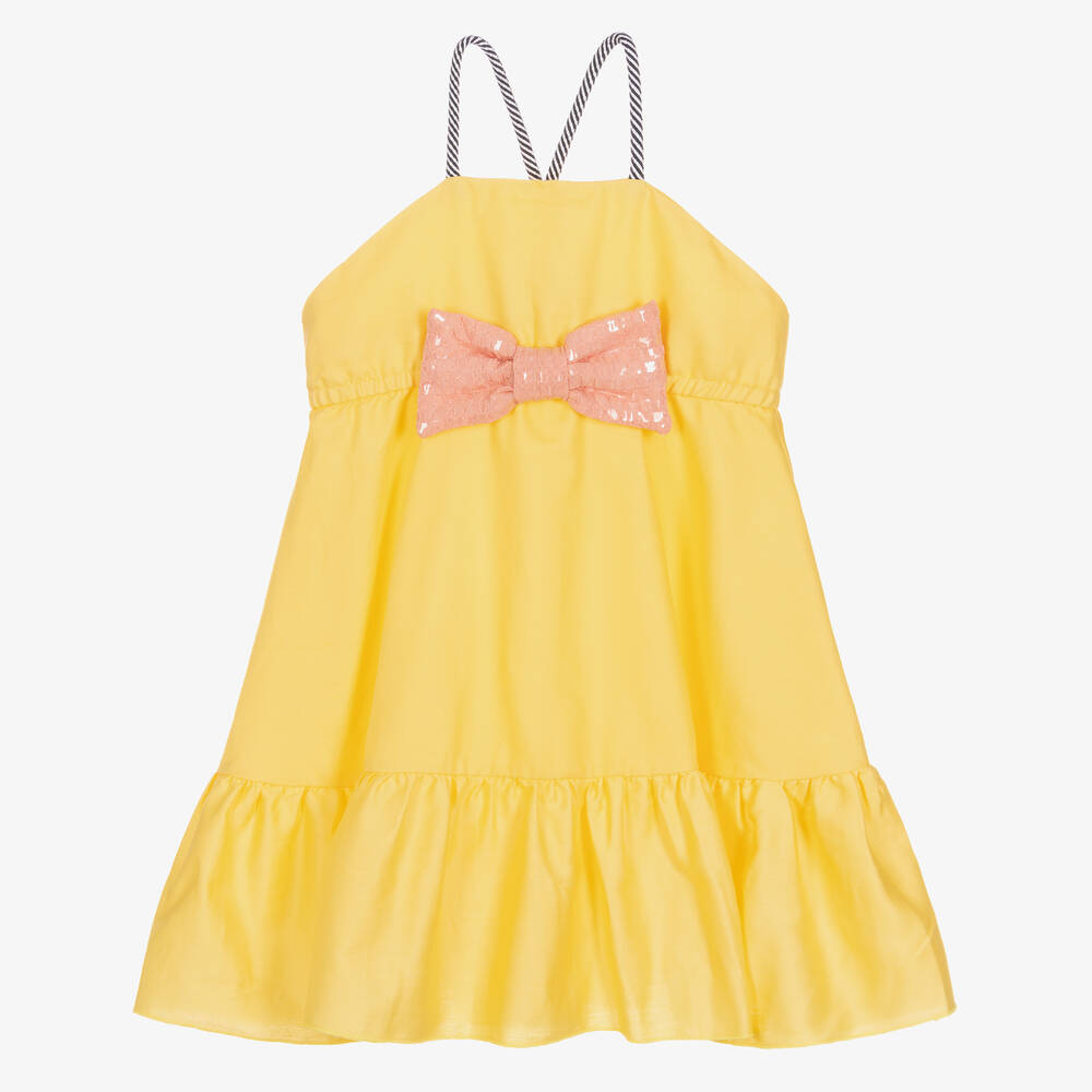 Wauw Capow - Girls Yellow Cotton Bow Dress | Childrensalon