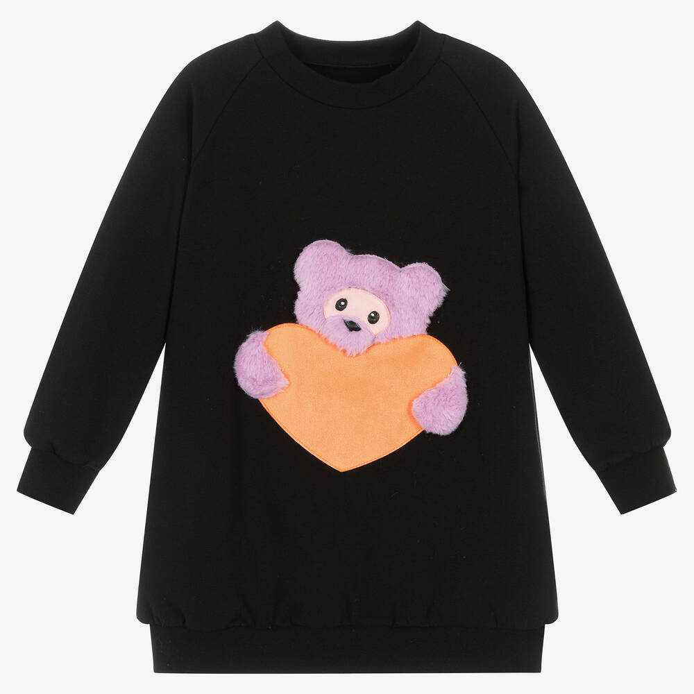 Wauw Capow - Robe-sweat noire ours et cœur fille | Childrensalon