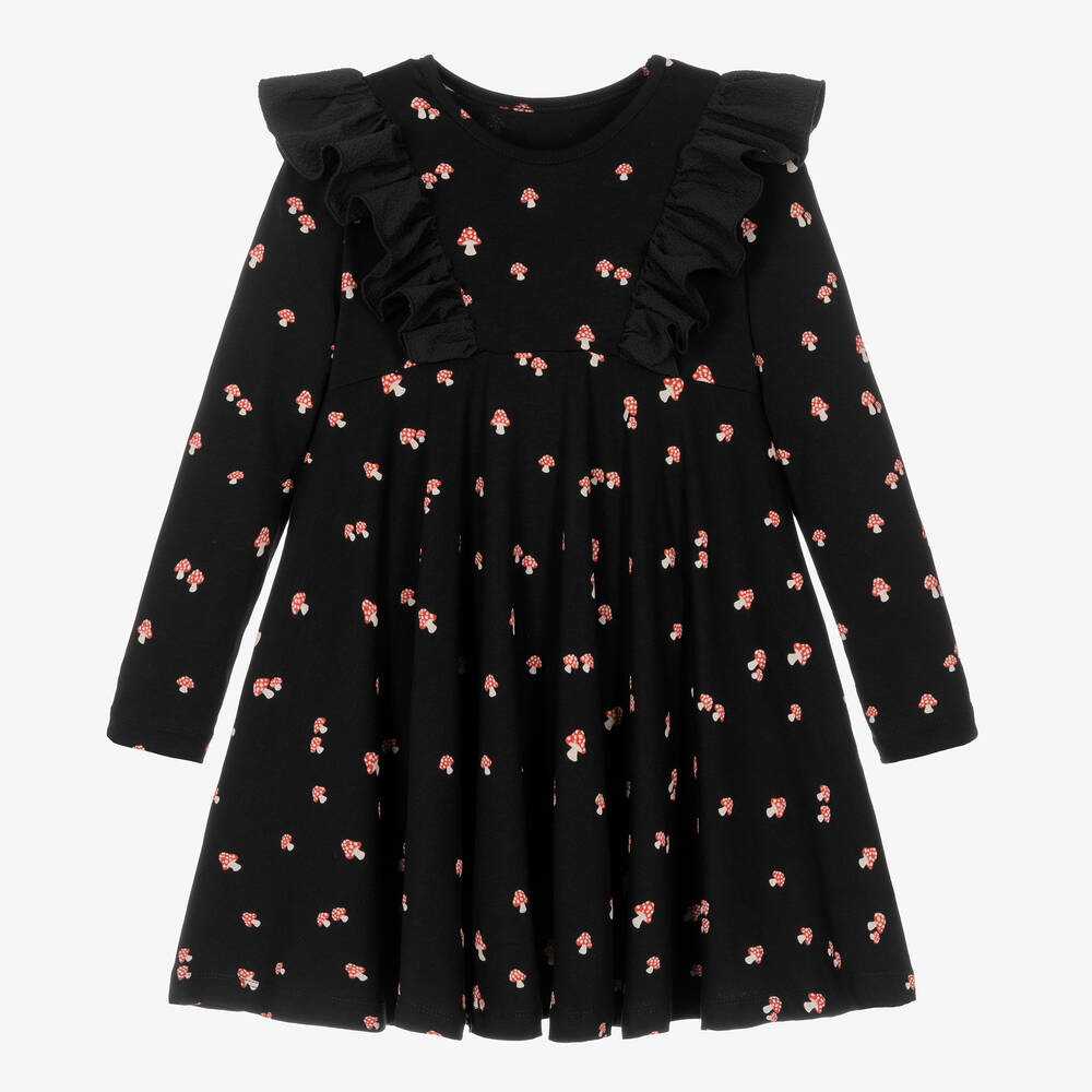 Wauw Capow - Schwarzes Jersey-Kleid mit Pilzmotiv für Mädchen | Childrensalon