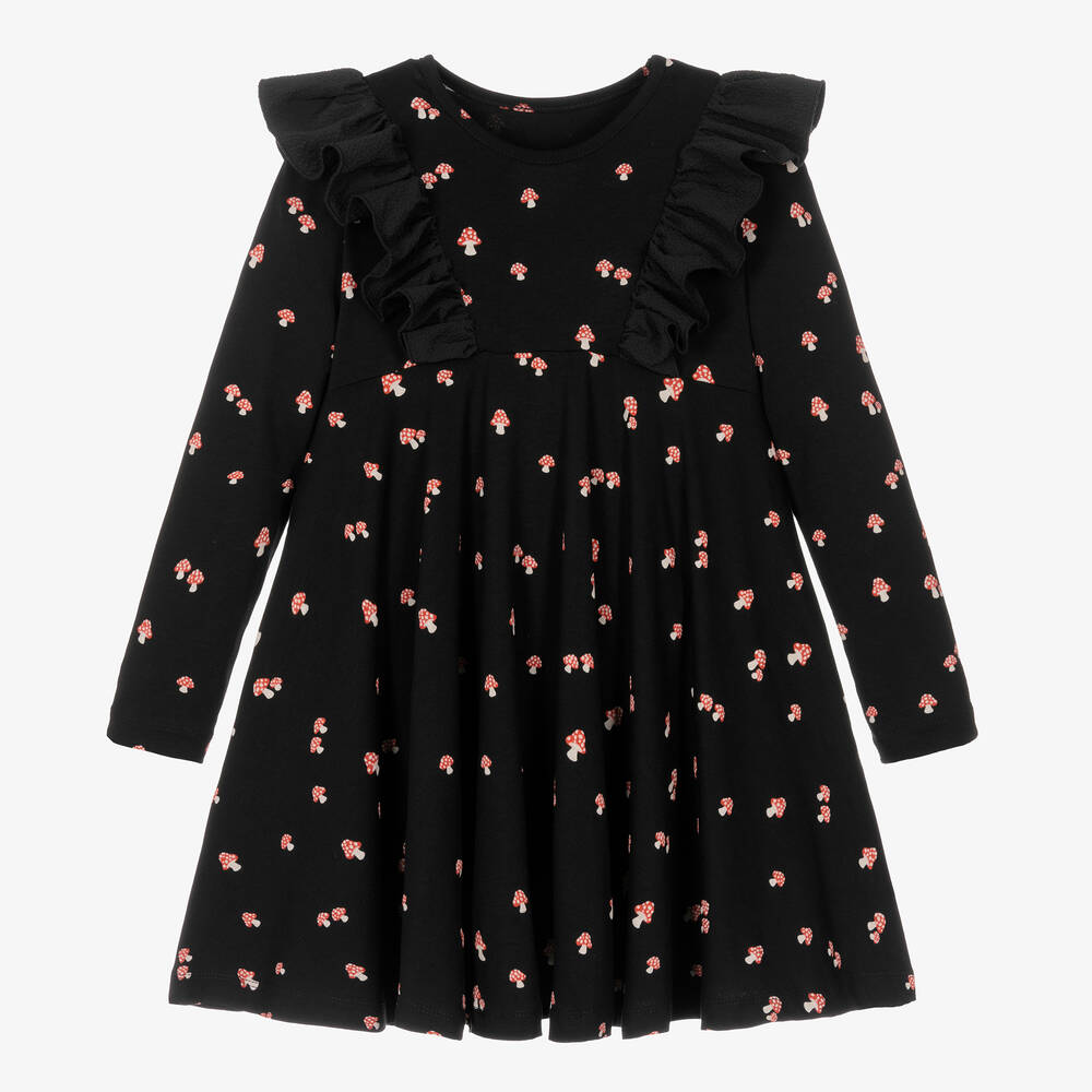 Wauw Capow - Robe noire en jersey à champignons | Childrensalon