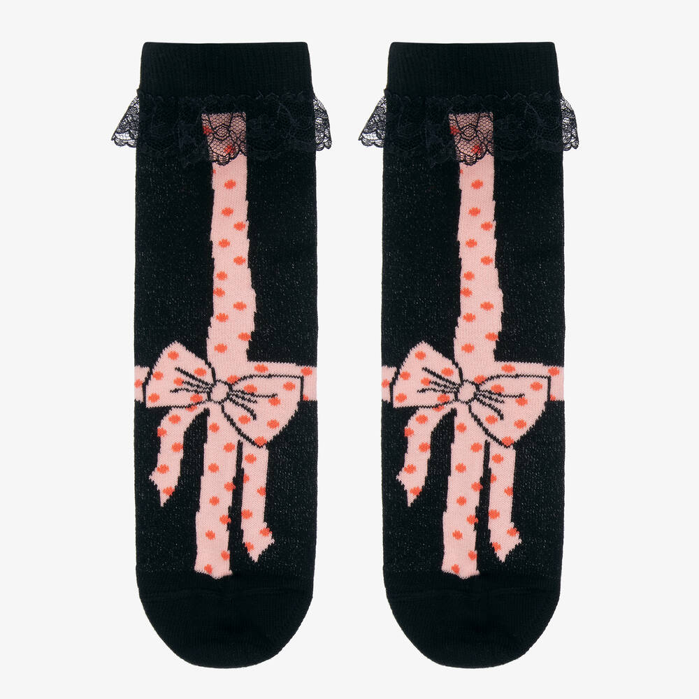Wauw Capow-Черные носки с розовыми бантиками для девочек | Childrensalon Outlet