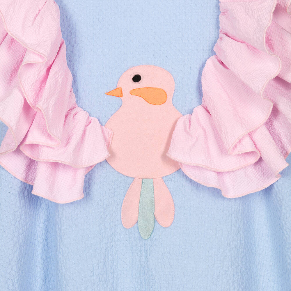 Wauw Capow-Girls Blue Cotton Bird Ruffle Dress | Childrensalon Outlet
