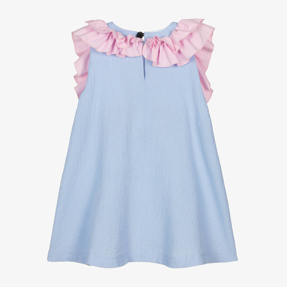 Wauw Capow-Girls Blue Cotton Bird Ruffle Dress | Childrensalon Outlet