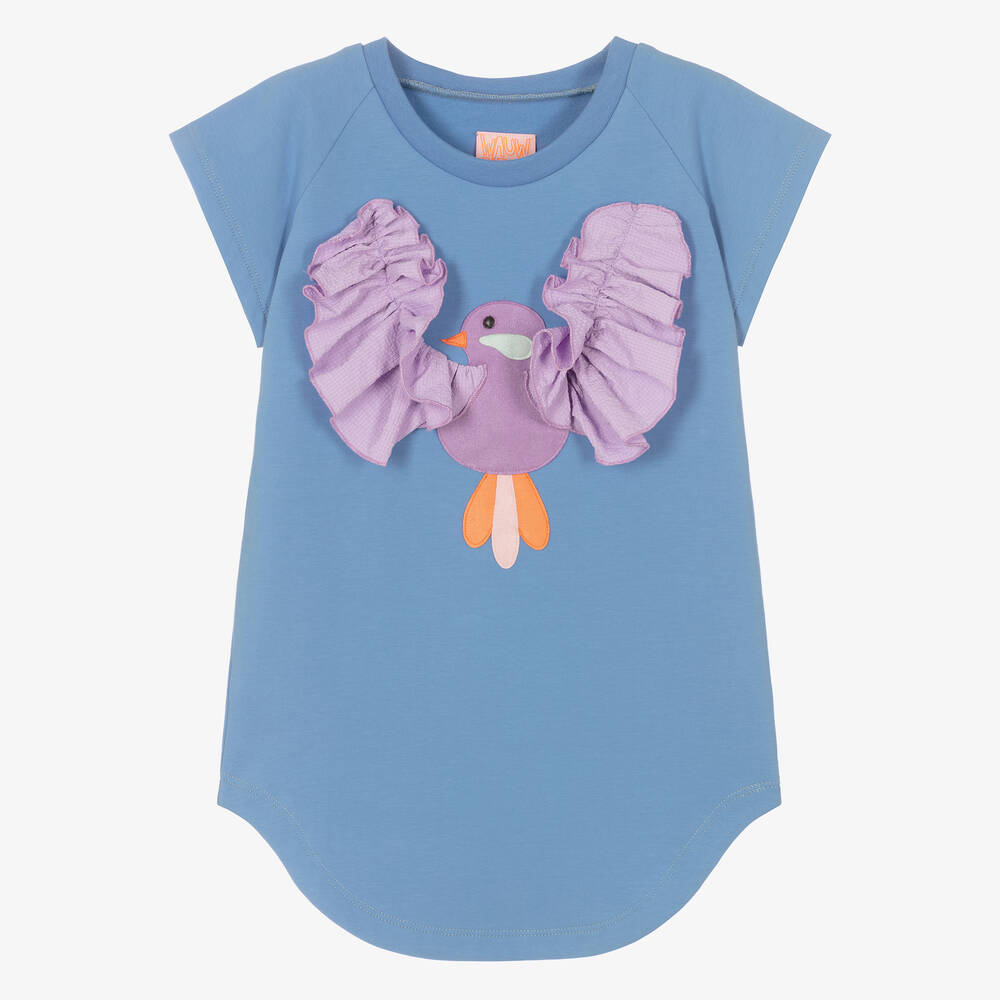 Wauw Capow - Robe bleue en coton bio oiseau | Childrensalon