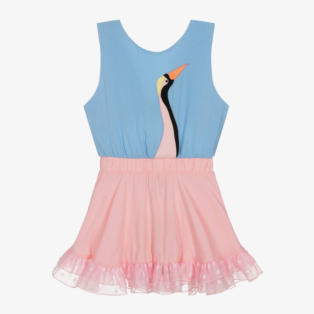 Wauw Capow-Girls Blue & Pink Bird Appliqué Dress | Childrensalon Outlet