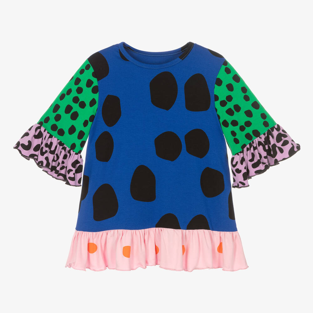 Wauw Capow - Girls Blue Viscose Spotted Top | Childrensalon