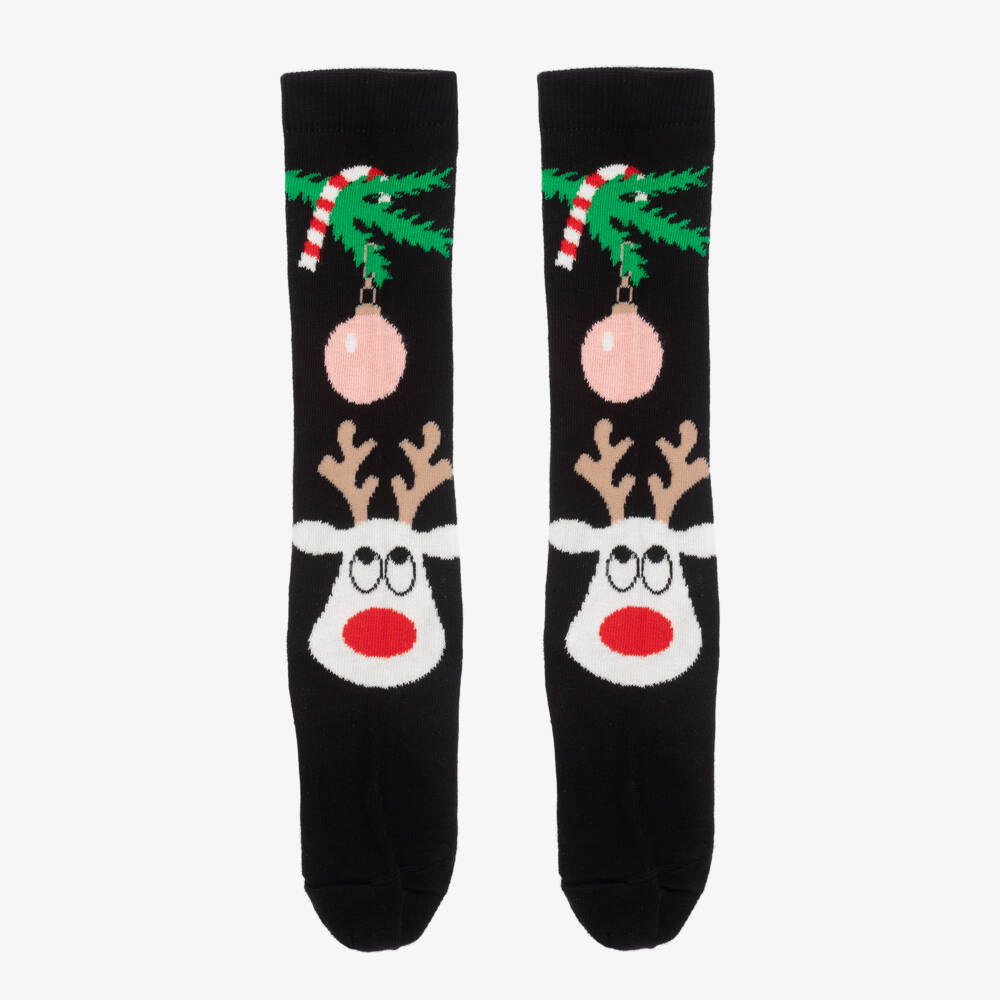 Wauw Capow-Girls Festive Black Reindeer Knit Socks | Childrensalon Outlet