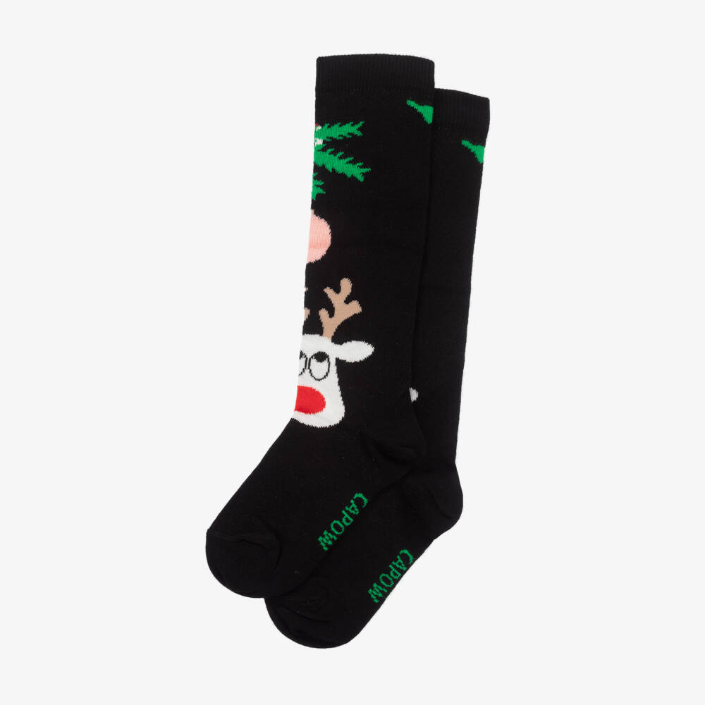 Wauw Capow-Girls Festive Black Reindeer Knit Socks | Childrensalon Outlet