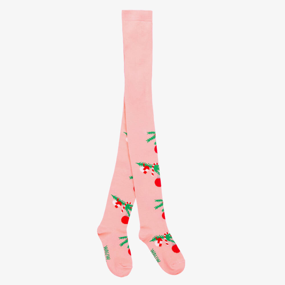 Wauw Capow-Girls Festive Pink Cotton Tights | Childrensalon Outlet