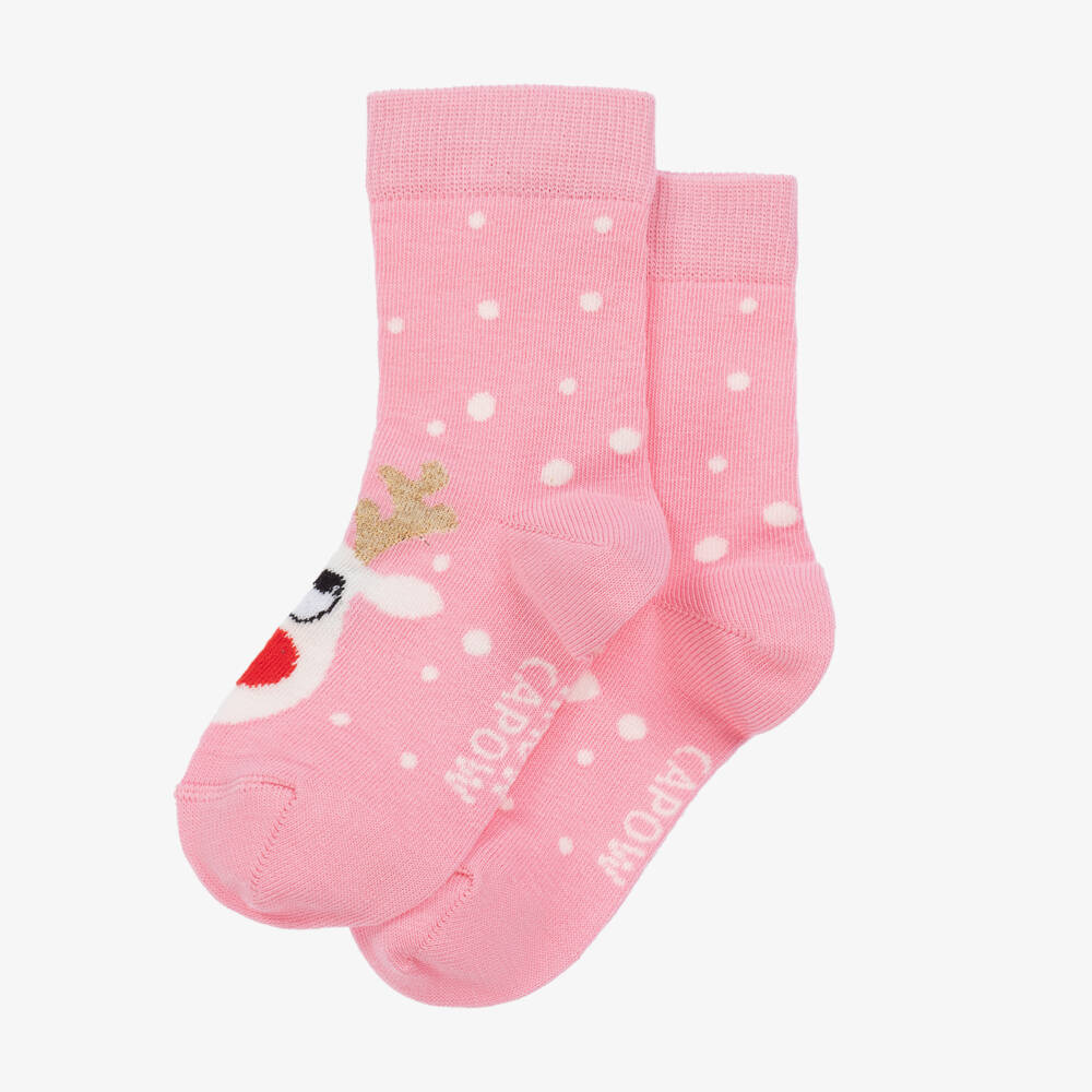 Wauw Capow-Girls Festive Pink Reindeer Socks | Childrensalon Outlet