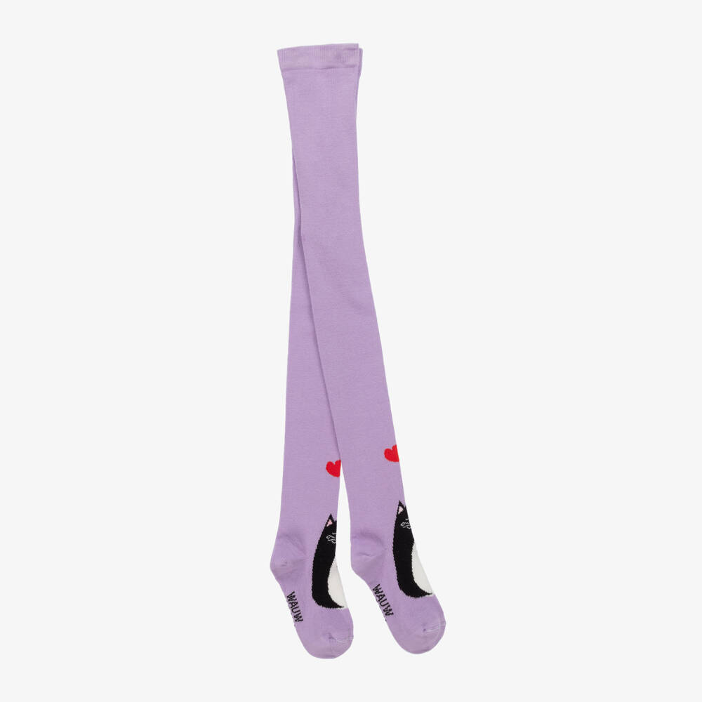 Wauw Capow-Girls Lavender Cat Patterned Tights | Childrensalon Outlet