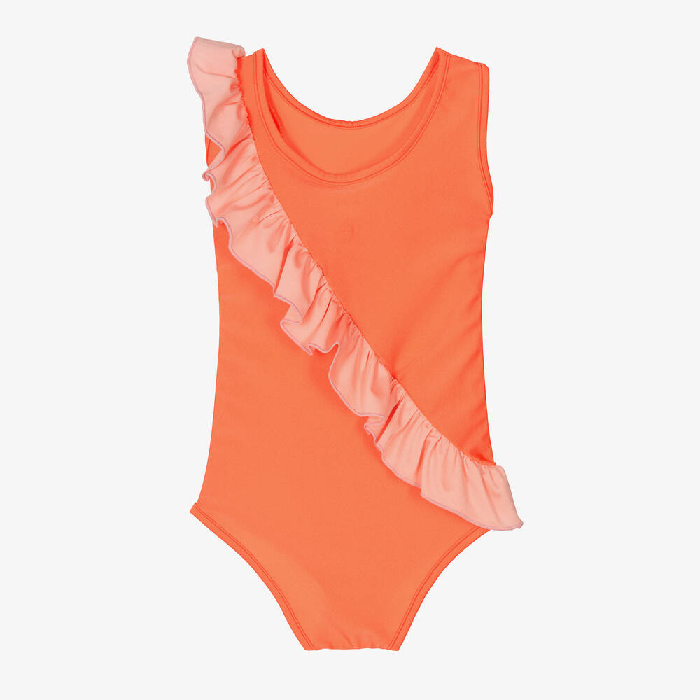 Wauw Capow - Girls Orange Frill Swimsuit | Childrensalon