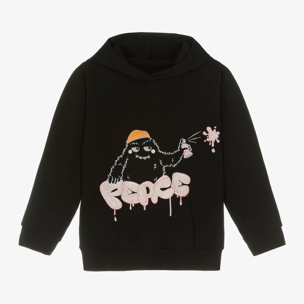 Wauw Capow-Girls Organic Black Monster Hoodie | Childrensalon Outlet