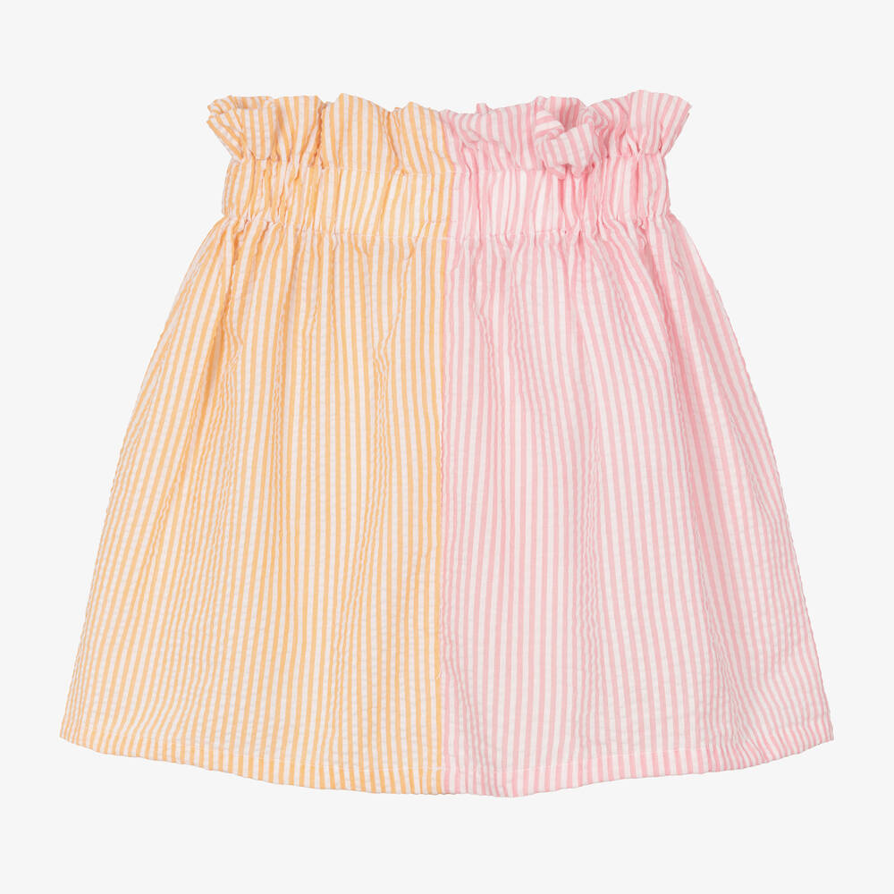 Wauw Capow - Girls Pink & Orange Seersucker Skirt | Childrensalon