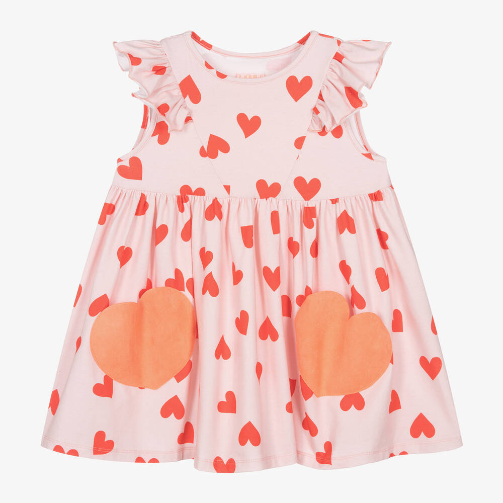Wauw Capow-Girls Pink Organic Cotton Hearts Dress | Childrensalon Outlet
