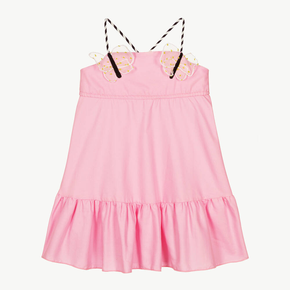 Wauw Capow-Girls Pink Tiered Cotton Butterfly Dress | Childrensalon Outlet