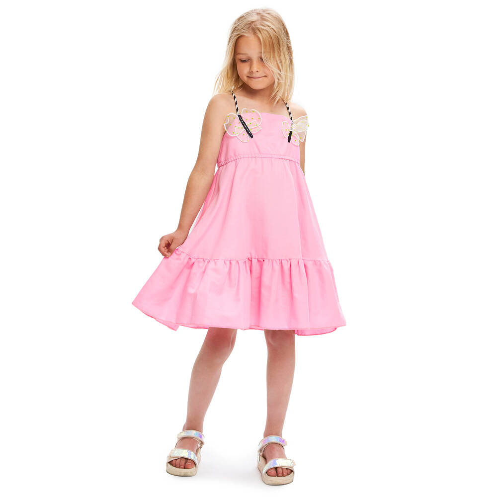 Wauw Capow-Girls Pink Tiered Cotton Butterfly Dress | Childrensalon Outlet