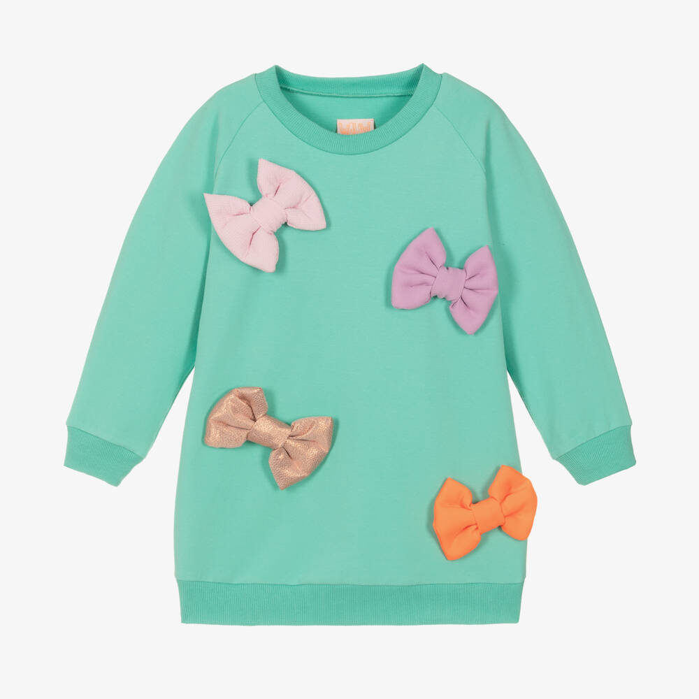 Wauw Capow-Girls Turquoise Cotton Bow Dress | Childrensalon Outlet