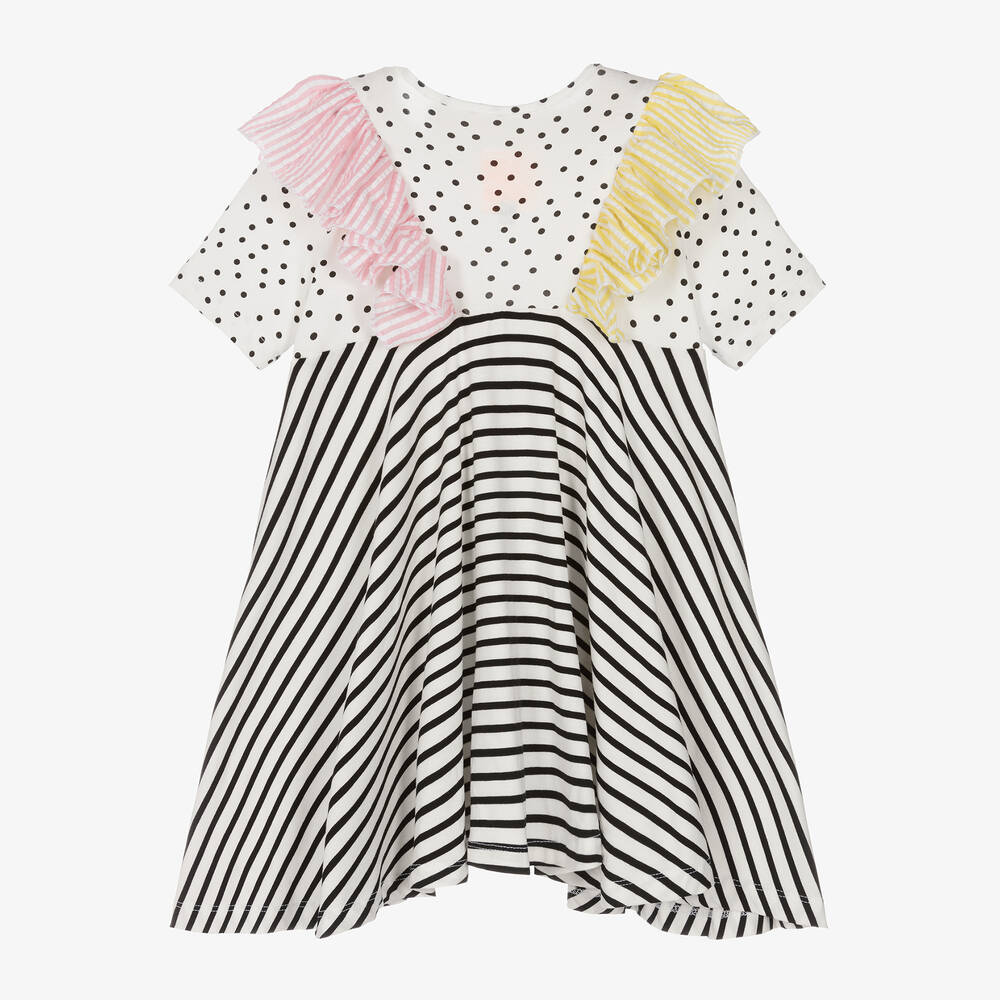 Wauw Capow-Girls White Polka Dots & Stripes Dress | Childrensalon Outlet
