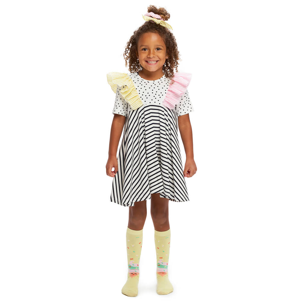 Wauw Capow-Girls White Polka Dots & Stripes Dress | Childrensalon Outlet