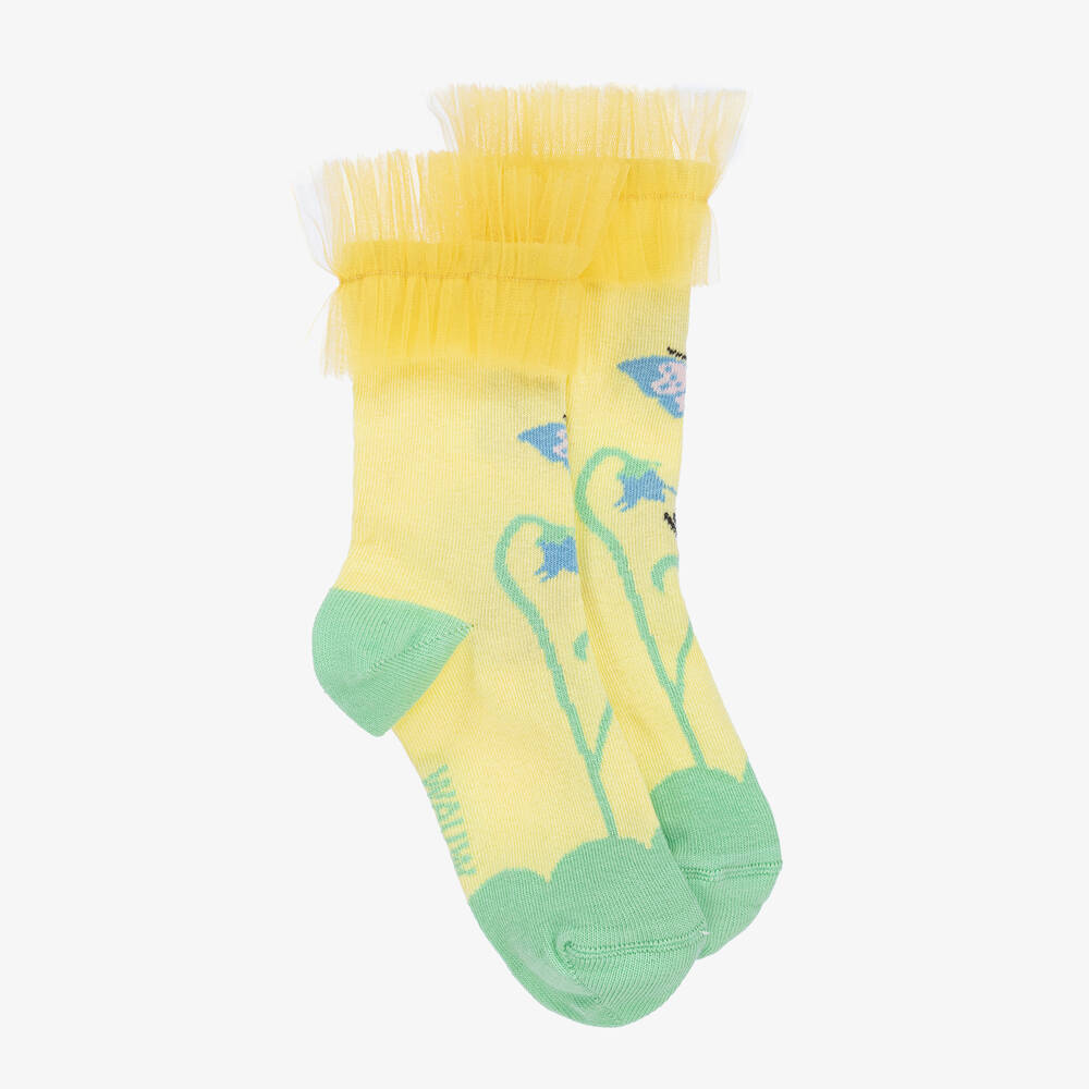 Wauw Capow-Girls Yellow Butterfly Tulle Ankle Socks  | Childrensalon Outlet
