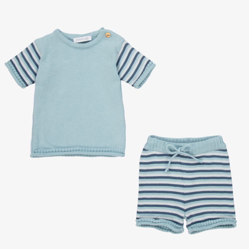 Wedoble-Blue Stripe Cotton Shorts Set | Childrensalon Outlet