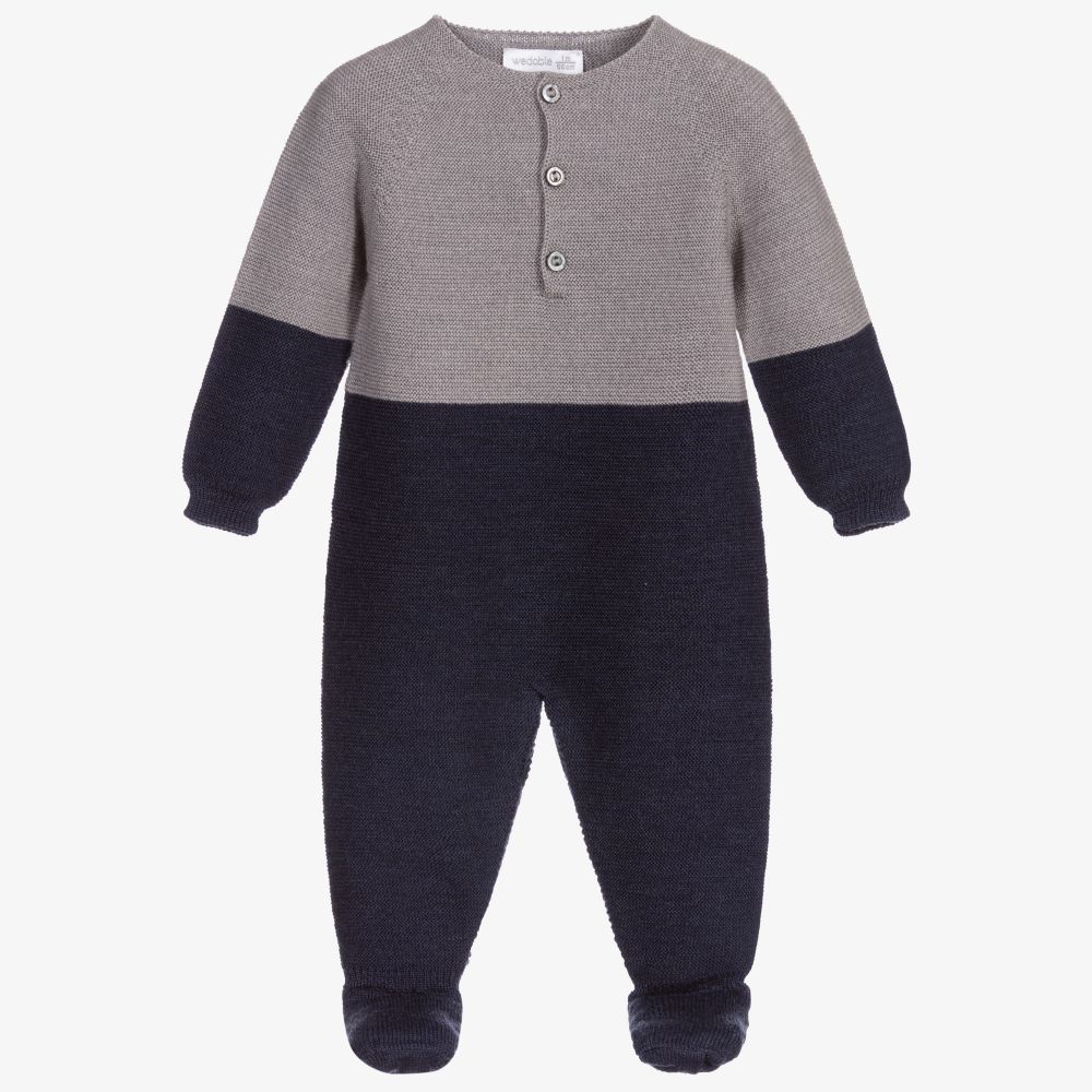 Wedoble - Grey & Blue Wool Babygrow  | Childrensalon