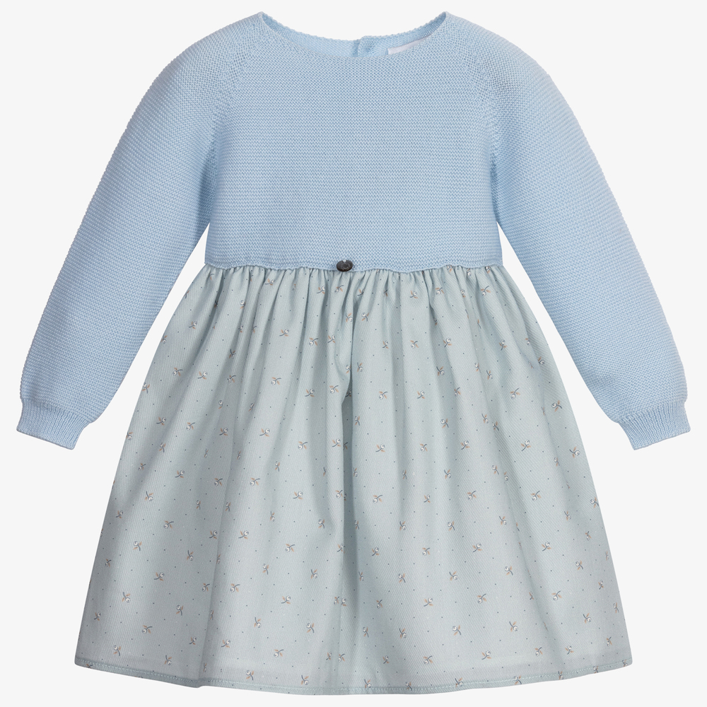 Wedoble - Pale Blue Wool Floral Dress  | Childrensalon