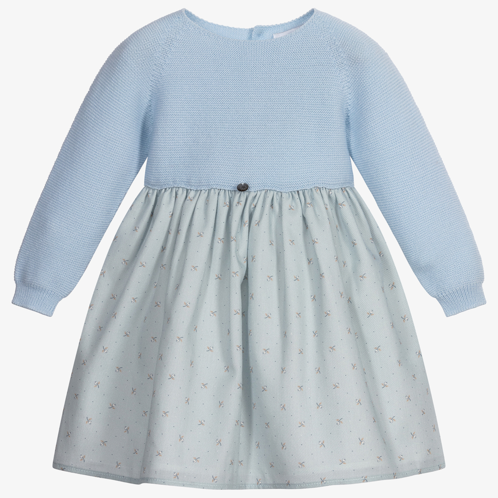 Wedoble-Pale Blue Wool Floral Dress  | Childrensalon Outlet
