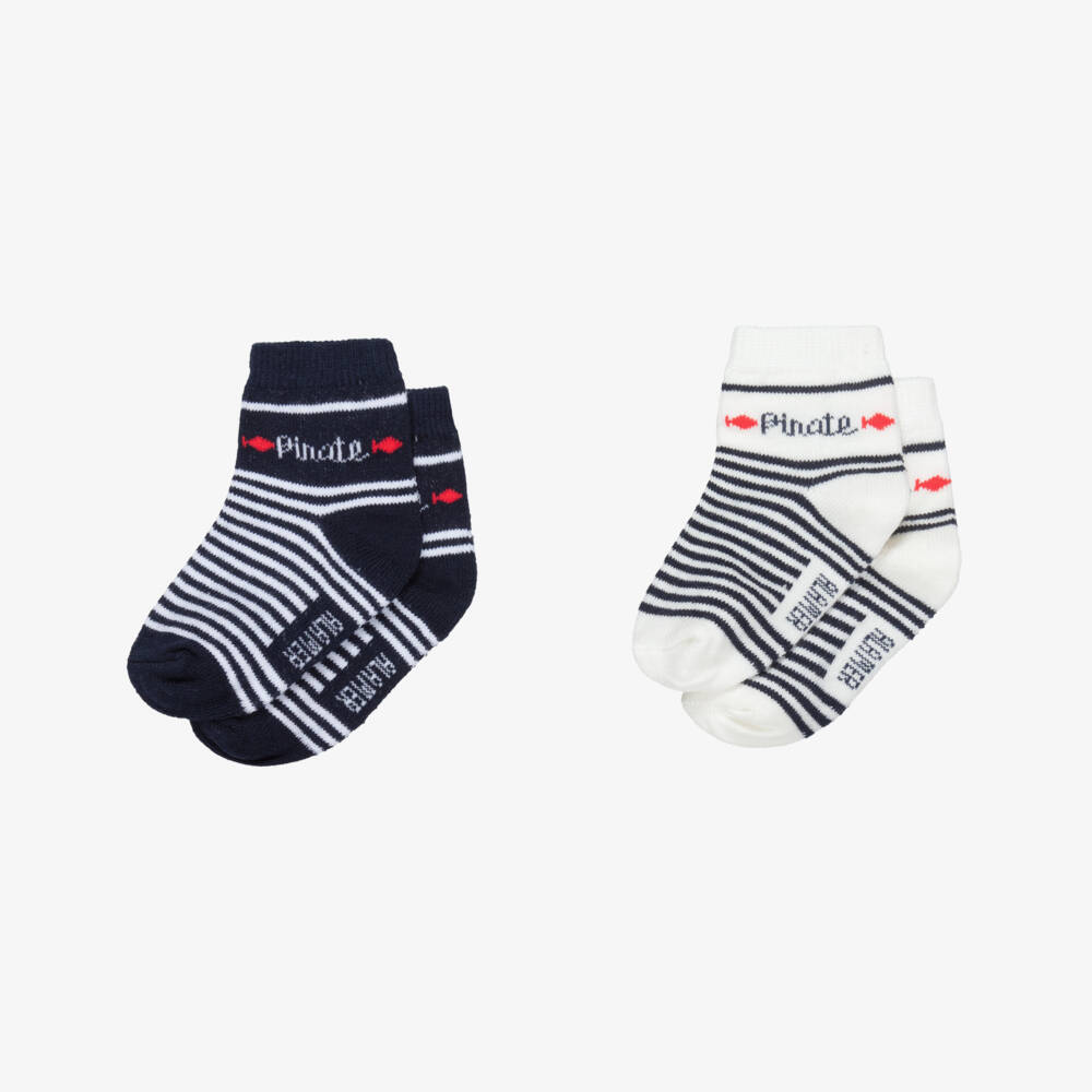 Week-end à la mer-Baby Boys Blue & Ivory Striped Cotton Socks (2 Pack) | Childrensalon Outlet