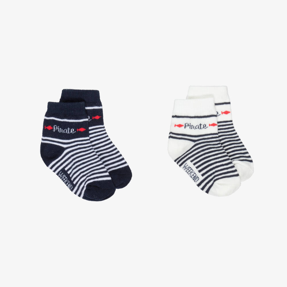 Week-end à la mer-Baby Boys Blue & Ivory Striped Cotton Socks (2 Pack) | Childrensalon Outlet