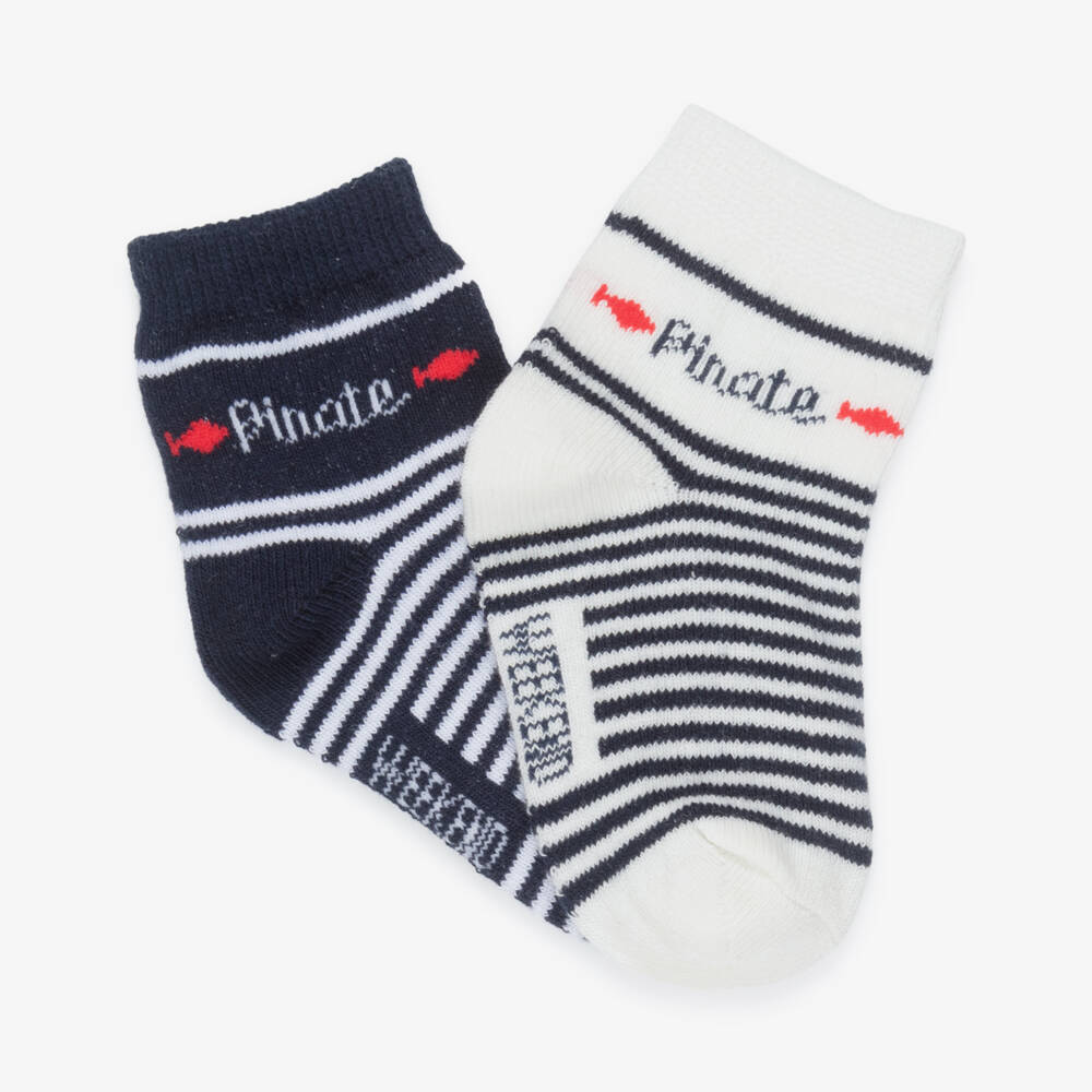 Week-end à la mer-Baby Boys Blue & Ivory Striped Cotton Socks (2 Pack) | Childrensalon Outlet