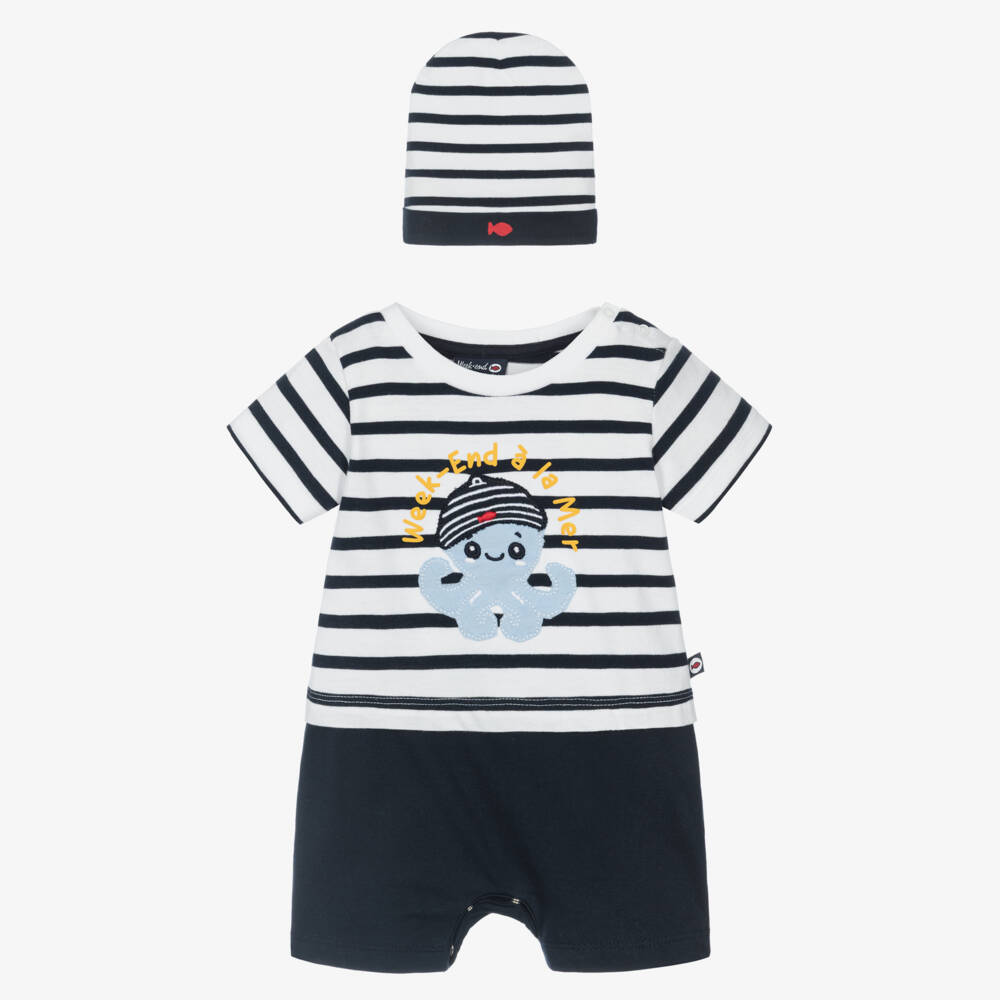 Week-end à la mer-Baby Boys Navy Blue Breton Stripe Shortie Set with Octopus | Childrensalon Outlet